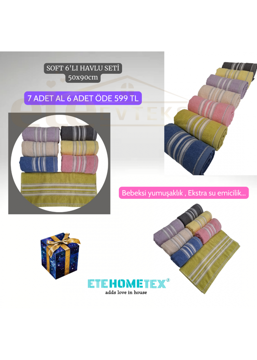 ETEHOMETEX SOFT 6'LI HAVLU SETİ 50x90cm RENKLİ 8696474231834